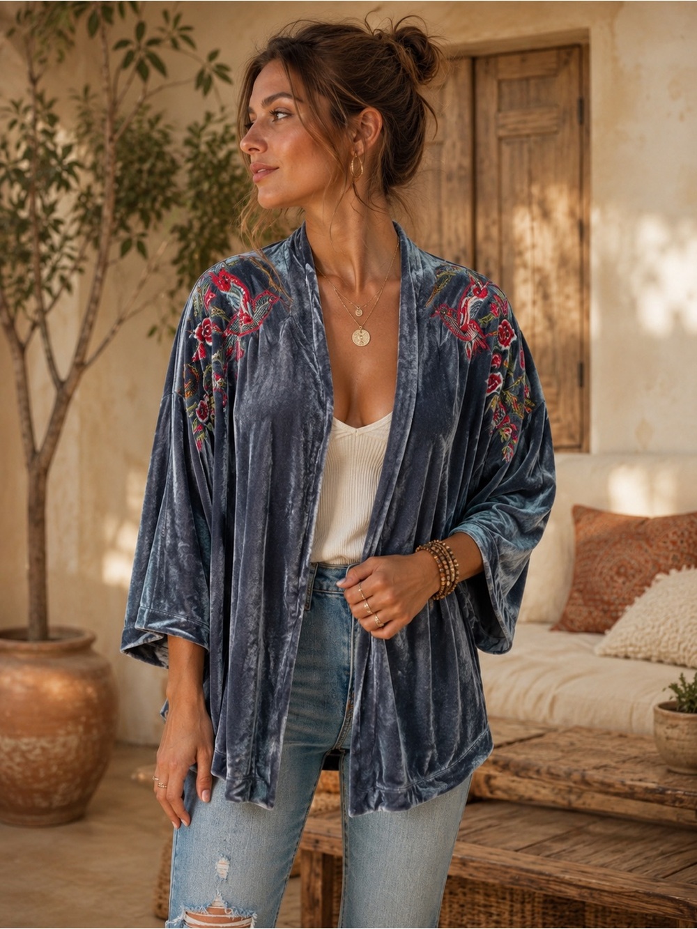 NWT Michael Michael Kors Velvet Embroidered Kimono Jacket S/M Hummingbirds Flora